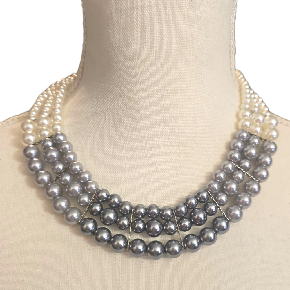 Imitation Pearl Beaded Necklace Gray Off White Multi Strand 14" 16" SKU2809